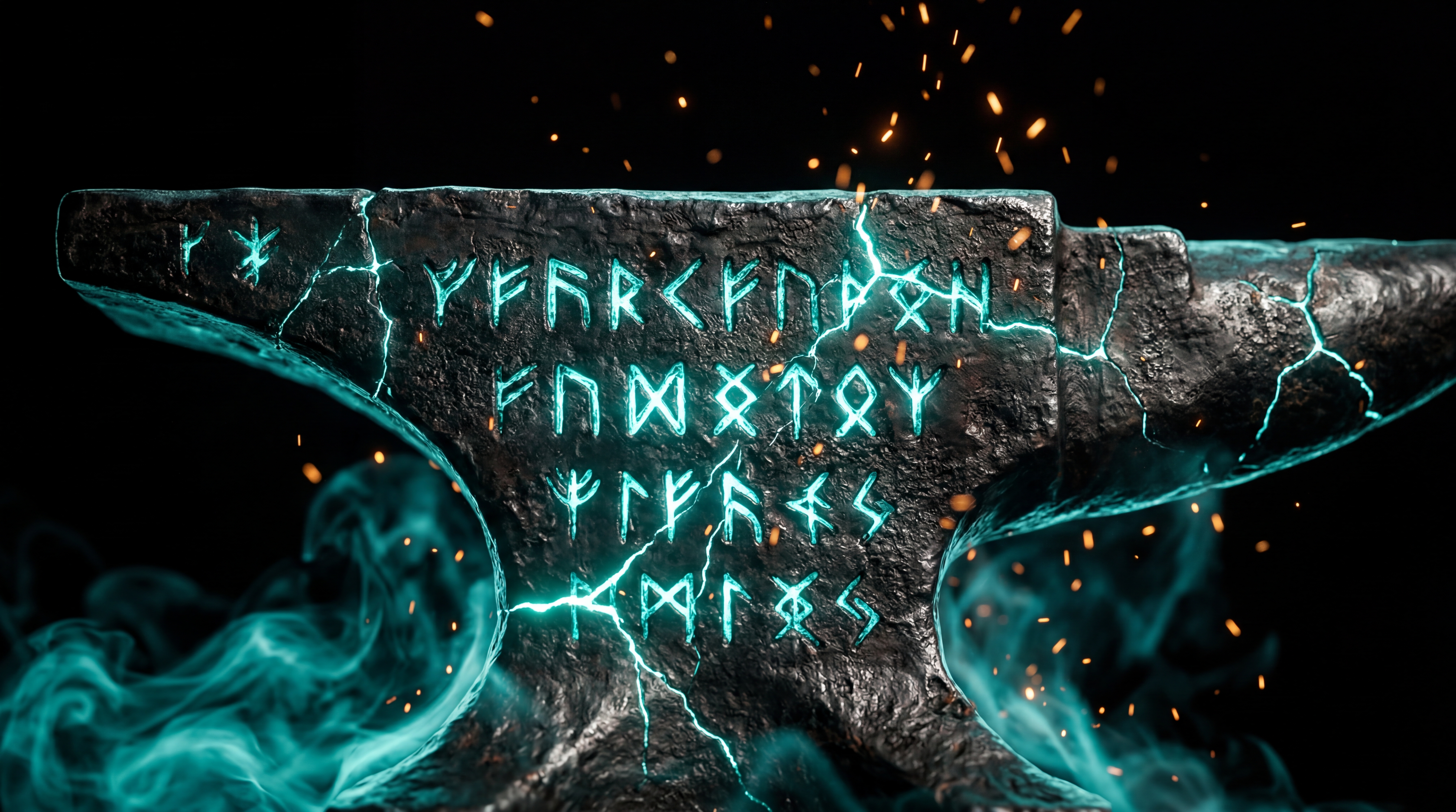 Mythic forge anvil with teal runes and lightning